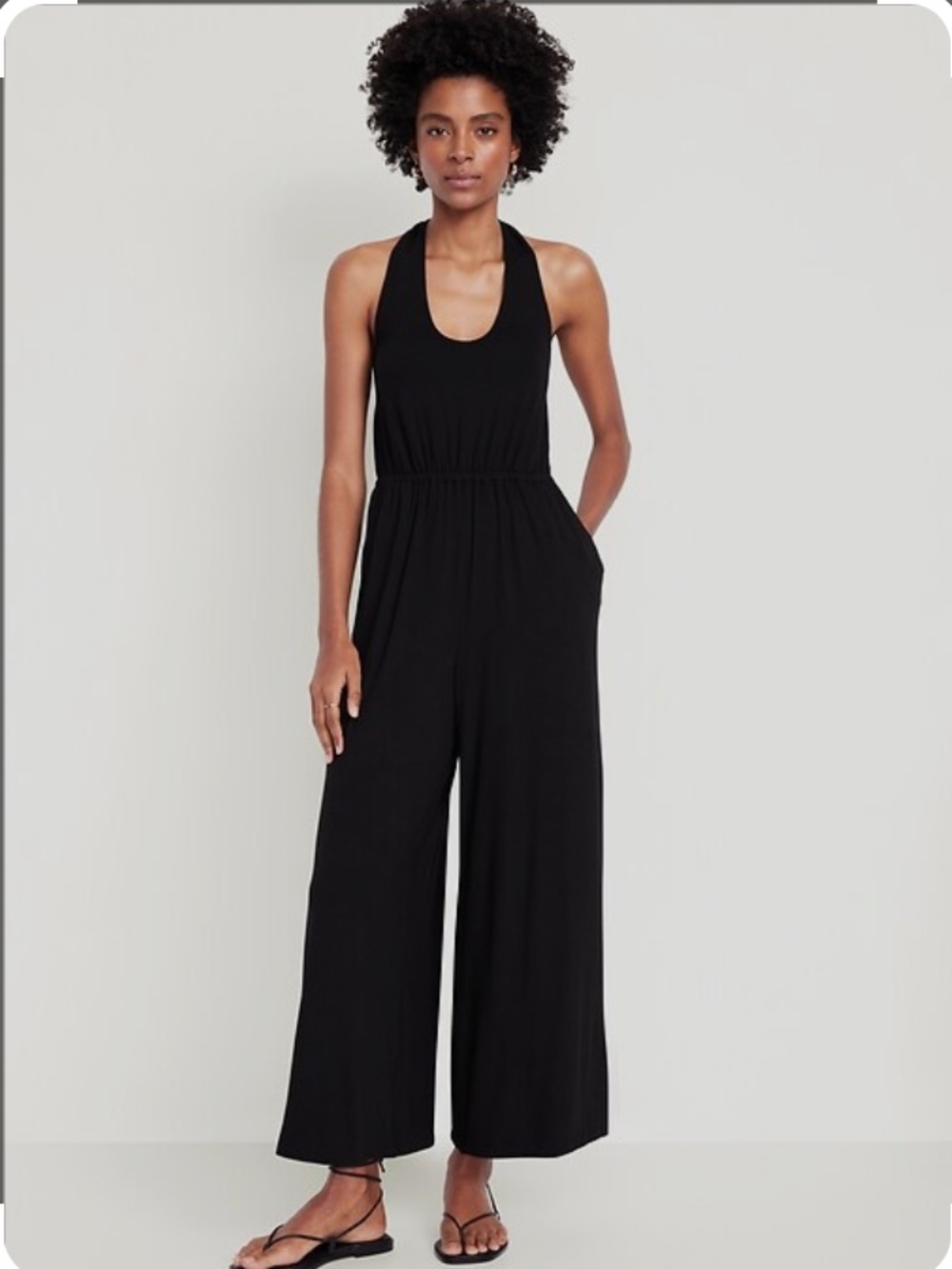 Waist Defining Jersey Knit Halter Jumpsuit Tie Neck Wide Leg Black XL